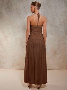 COSMINA Váy Maxi hở lưng thanh lịch dành cho nữ, Đầm dài cổ yếm hở lưng màu trơn gợi cảm - màu nâu - Xem 2