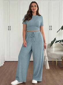 Vionelle 2pcs/Set Plus Size Casual Vacation Style Jacquard Knit Short Sleeve Top And Pants - Dusty Blue - View 5