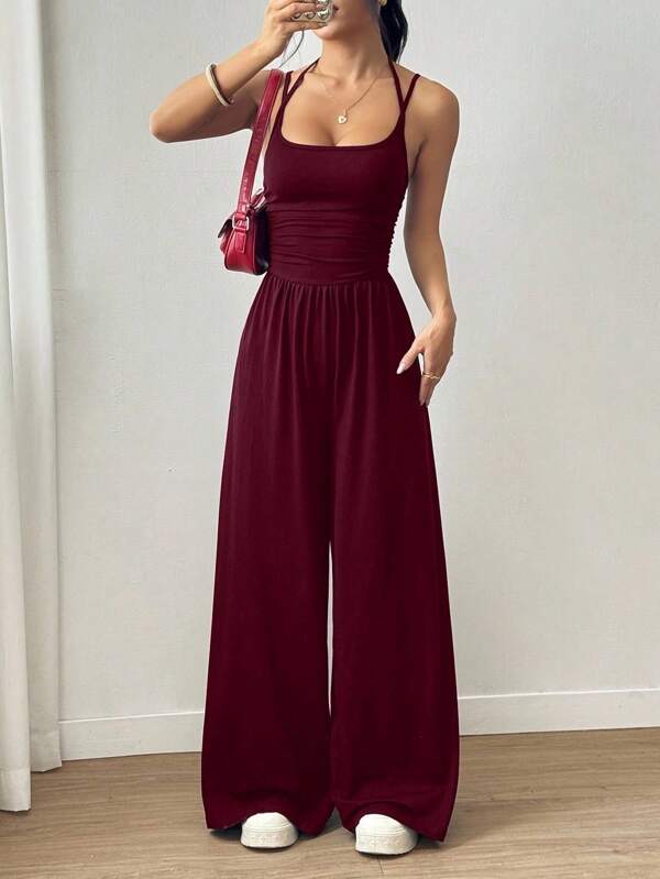 Flirla Women's Casual Pleated Loose Straight Leg Jumpsuit, Spring/Summer