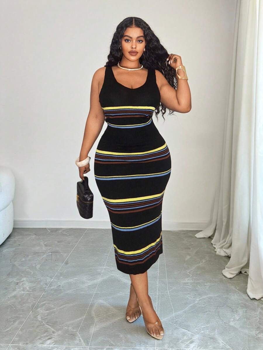 Slaydiva Damen Große Größen Sommer gestreiftes ärmelloses Top und Rock 2-teiliges Set, Große Größen körperbetontes Midi-Kleid, Große Größen gestreiftes Midi-Kleid, Kurvenreiches Midi-Kleid, Große Größen Sommerkleid, Große Größen Kleid für Kurven - Schwarz - Übersicht 1