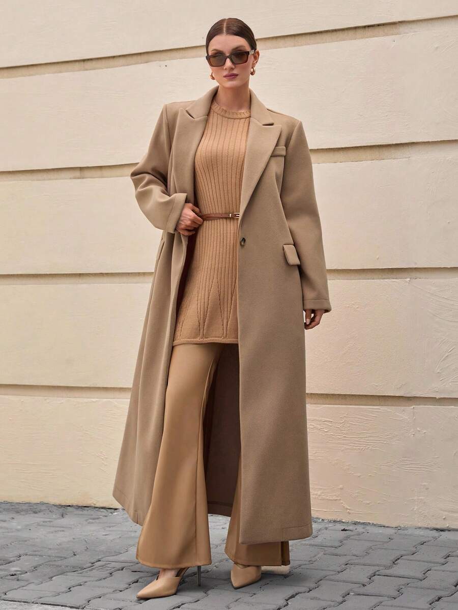 CLARA VERO 女士纯色翻领长袖经典加长口袋羊毛大衣、夹克、外套、冬装、夹克 - 駝色 - 查看 1