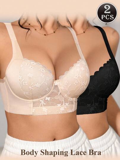 DesireSculpt 2件套女士蕾丝休闲柔软舒适钢圈支撑提拉塑身文胸宽肩带