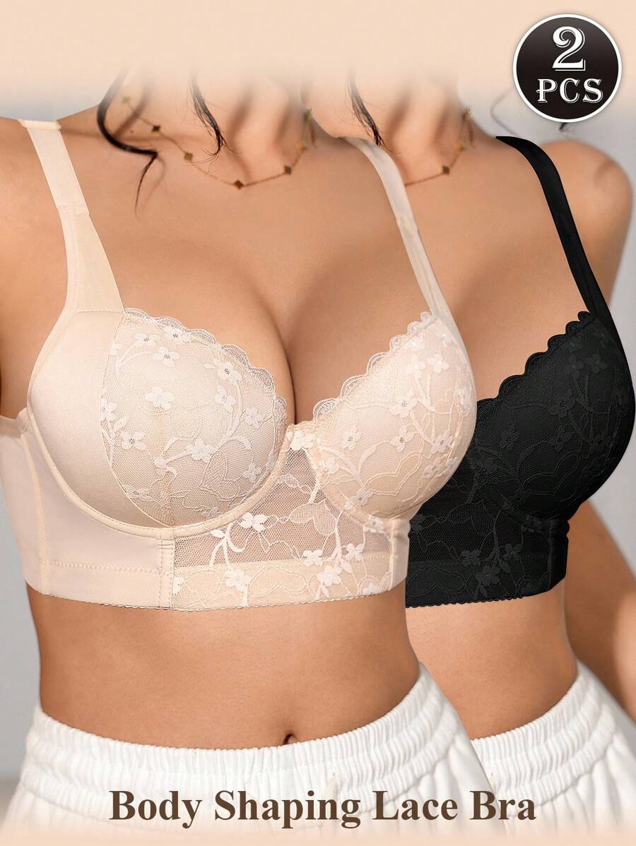 DesireSculpt 2pcs/Set Women's Lace Casual Soft & Comfortable Wire-Supported Lift & Shaping Bras With Wide Strap - Multicolor - View 1