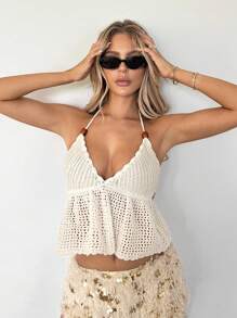 SHEIN ICON Summer Sexy Solid Color Hollow-Out Backless Halter Knit Crop Top