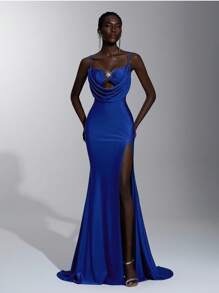 Elitara Elegante, romântico, sexy, azul-marinho, malha elástica, sem alças, babados, decote drapeado, cintura marcada, fivela de metal plissada, cauda removível, cauda de peixe, fenda frontal, vestido de noite para feriados, festas de aniversário, encontros, férias, casamentos, galas, jantares formais - Azul Real - Ver 1