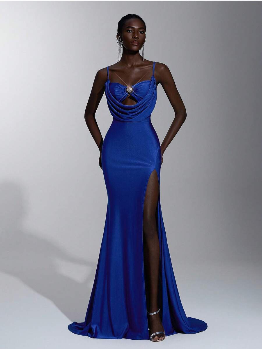 Elitara Elegante, romântico, sexy, azul-marinho, malha elástica, sem alças, babados, decote drapeado, cintura marcada, fivela de metal plissada, cauda removível, cauda de peixe, fenda frontal, vestido de noite para feriados, festas de aniversário, encontros, férias, casamentos, galas, jantares formais - Azul Real - Ver 1