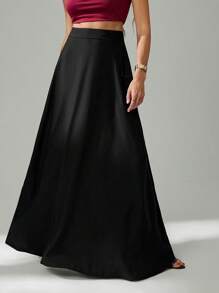 SHEIN Tall Women's Solid Color With Slanted Pockets Practical Elegant Simple Commuting Office A-Line Umbrella Skirt - Black - View 5