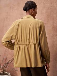 Zivah 女士 2025 秋冬新款时尚、音乐节、毕业季、学院风、学生装、日常休闲、度假、海滩、日光浴、街头服饰、通勤优雅、立领长袖收腰夹克（带口袋）、短款风衣 - 卡其色 - 查看 2