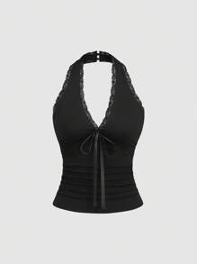 Sweetra Y2K 风格性感撞色蕾丝吊带露背女式上衣 - 黑色 - 查看 1