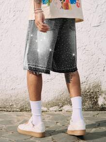 ROMWE MEN Street Life Pantalones cortos de mezclilla para hombre con parches de diamante y color contrastante