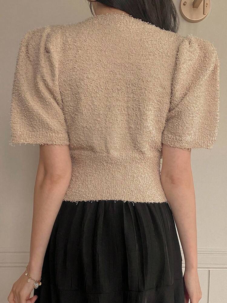 Women's Solid Color Short Puff Sleeve Single-Breasted Fashionable Cardigan