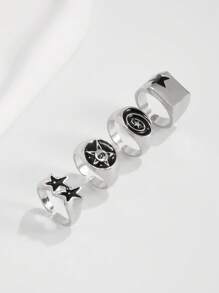ROMWE Goth 4pcs/Set Punk Style Spiral Star Rings, Adjustable Ring Set For Couples