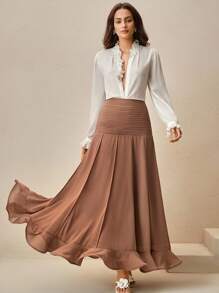 Anewsta 女士优雅高腰褶皱雪纺荷叶边下摆半身裙 - 摩卡棕 - 查看 5