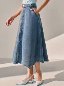 CLARA VERO Women High Waist Single-Breasted Pocket Casual A-Line Denim Skirt - Medium Wash - View 4
