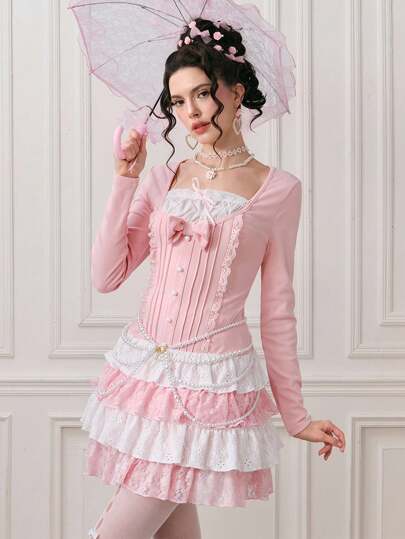 Kawaii Vestido corto de mujer con decoración de lazo dulce, 2 en 1 para pastel