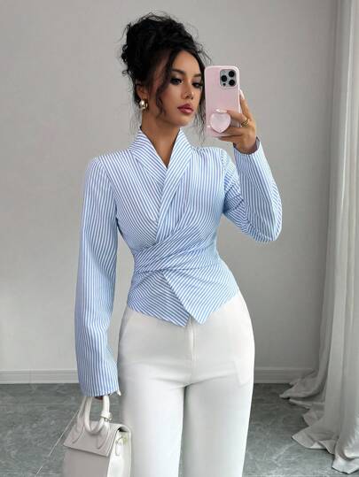 Elenzga Casual Commuter Striped Cinched Waist Wrap Around Waist Shirt Fall Cloth For Women