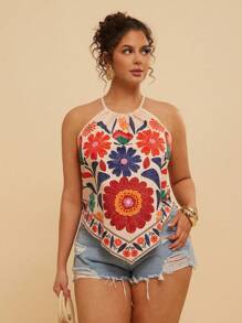 Travachic 大码花卉印花不对称下摆挂脖休闲度假背心 - 杏色 - 查看 5