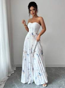 Elenzga Elegant Ruched Waist A-Line Floral Print Dress, Romantic And Refined - Multicolor - View 3