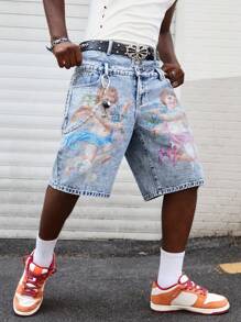 ROMWE MEN Street Life Quần short denim họa tiết thiên thần thường ngày mùa hè cho nam có cạp đôi - màu đen - Xem 7