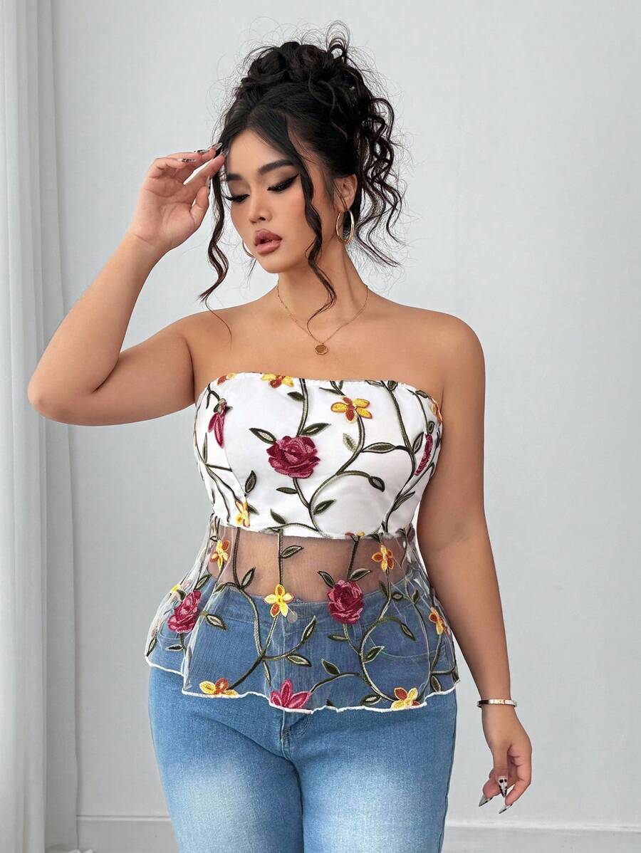 Elenzga Elegant Fashion Embroidered Mesh Plus Size Women Crop Top