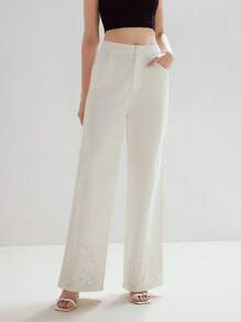 MOTF PREMIUM 女式定位蕾丝边仿珍珠优雅休闲白色牛仔裤