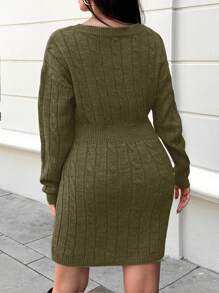 SHEIN Cottnline Plus Size Women'S Drop Shoulder Sweater Dress - Hijau Tentara - View 2