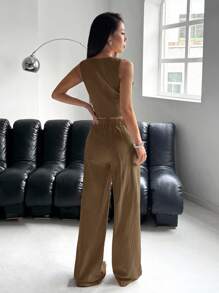 SHEIN EZwear 女式卡其色单扣背心和裤子套装（秋冬） - 卡其色 - 查看 2