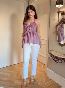 Elenzga Top de verano elegante tipo halter con aplicaciones de unicolor para mujeres