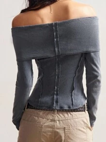 Bohemela 露肩纯色针织长袖女式休闲上衣 - 藍色 - 查看 5