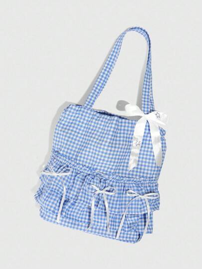 Fairycore 1pc Sweet Style Blue Plaid Bow Decor Women's Shoulder Bag, Layered Floral Handbag Backpack For Back To School