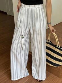 DAZY 串珠抽绳条纹阔腿裤，高腰休闲直筒裤，修身 - 米色 - 查看 4