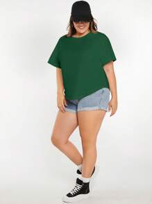 SHEIN BASICS Camiseta casual plus size de cor sólida, gola redonda, manga curta, verão - Verde escuro - Ver 4