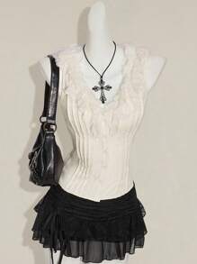 SHEIN ICON Y2k Women's Western Country Concert Boho Hippie Beige Goth Open Front Sleeveless Lace Trim Top, Y2k Tops - Beige - View 6
