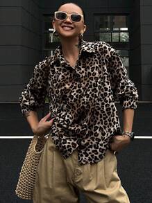 DAZY 女士宽松豹纹休闲通勤衬衫 - 棕色 - 查看 1