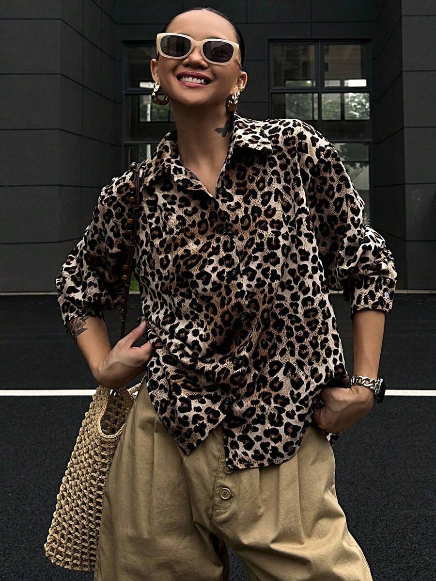 DAZY 女士宽松豹纹休闲通勤衬衫 - 棕色 - 查看 1