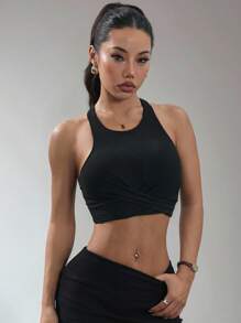 Dewbera Áo ba lỗ tập yoga thể thao ngoài trời thiết kế xoắn dành cho nữ - màu đen - Xem 3