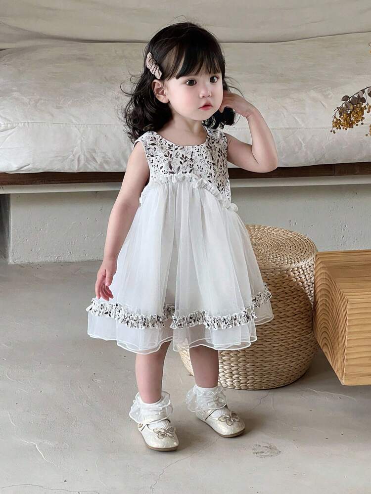Toddler Girls' Round Neck Contrast Color Mesh Mid-Length Party Birthday Dress
