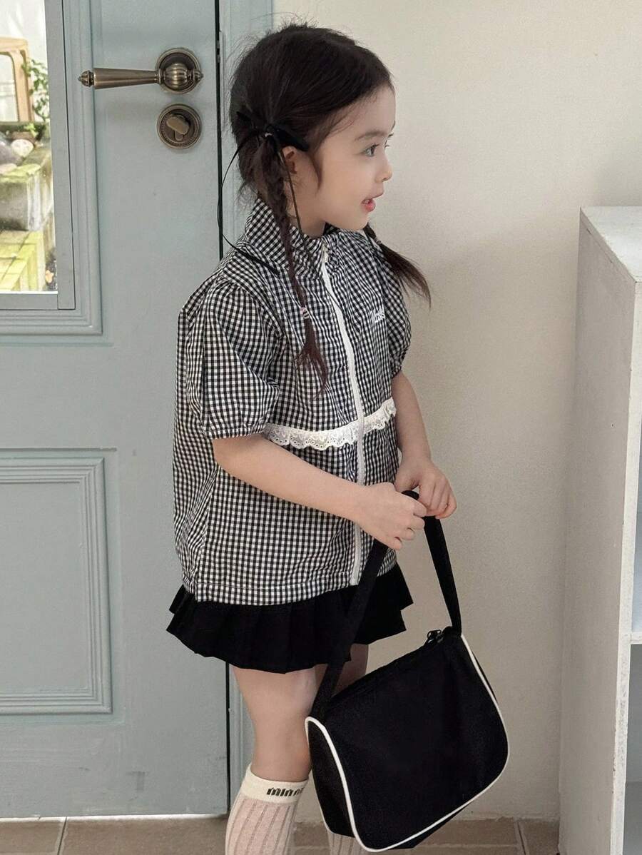Dazy Kids 少女格子泡泡袖拉链前开襟休闲外套，返校背心 - 黑與白 - 查看 1