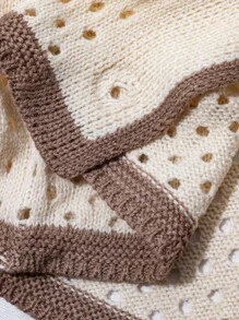 Linhara Plus Size Women Contrast Color Knit Open Front Hollow Striped Short Sleeve Casual Cardigan, Simplistic Spring/Summer