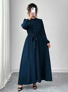 Elenzga Plus Size Women's Bowknot Collar Long Sleeve Romantic Dress, Elegant & Stylish For Commute, Casual Outing, Holiday Wear, Spring Fall Cloth For Women - Navy Blue - View 4