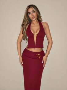 SHEIN ICON 2 件套女士优雅复古性感露背 V 领金属扣装饰背心和超长扭结腰裙套装，适合约会和度假