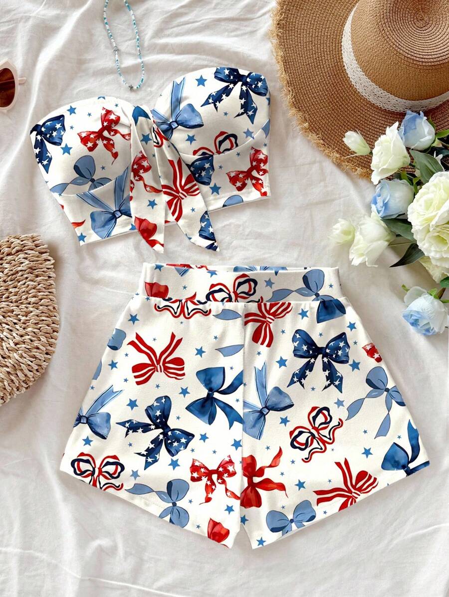 Soleia 2 件套女士蝴蝶印花抹胸上衣和短裤时尚套装，夏季 - 藍白色 - 查看 1