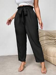 Firerie Plus Size Elegant Ruffle Edge Tie Waist Tapered Pocket Design Dress Pants Trousers For Work, Ankle Length Spring To Summer - Black - View 3