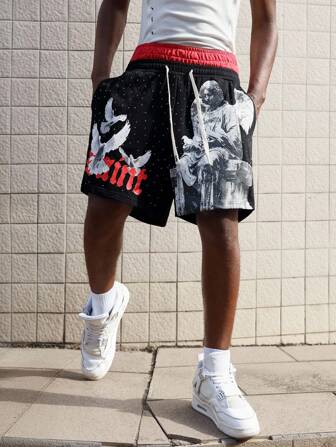 Street Life Herren Kontrast Farbige Shorts mit elastischem Bund, Glitzer Diamantenmuster und lockerem Tauben Muster