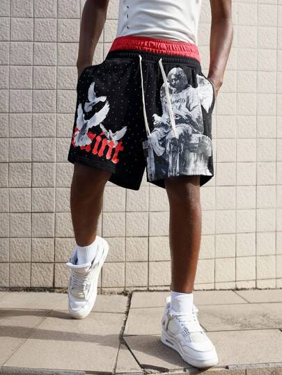 Street Life Herren Kontrast Farbige Shorts mit elastischem Bund, Glitzer Diamantenmuster und lockerem Tauben Muster