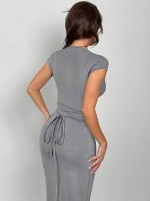 Firerie 节日情人节新款优雅性感百搭黑色修身长裙，女士款，深V领，短袖，腰部系带设计 - 灰色 - 查看 2