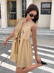 Serisse Women's Summer Casual Hollow Embroidery Mini Dress Brown - Khaki - View 5