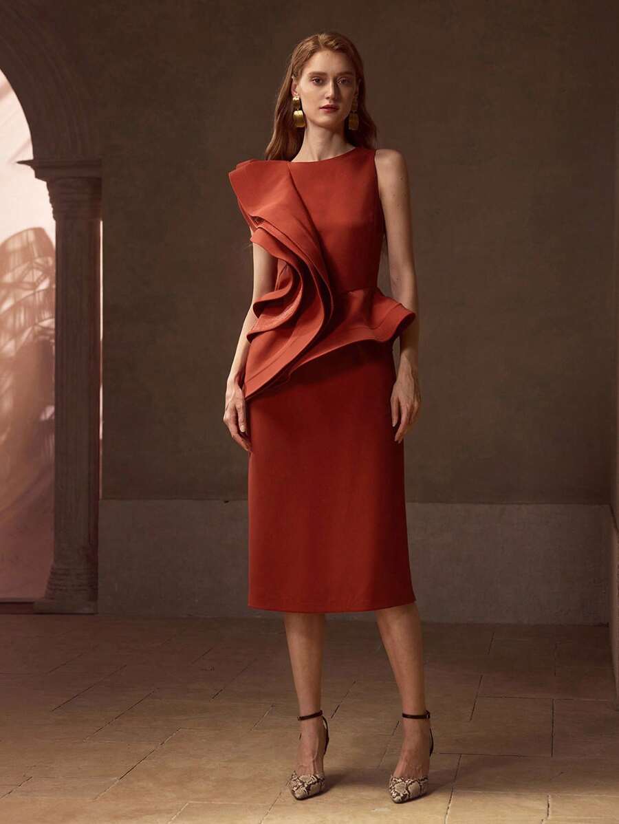 MOTF PREMIUM 层叠荷叶边饰拉链后开衩下摆中长连衣裙 - 酒紅色 - 查看 1