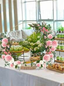 SHEIN 10 szt./2 szt. - Złote metalowe girlandy na środku stołu z drewnianym stojakiem - Eleganckie dekoracje w kształcie koła DIY na wesela, imprezy i urodziny - Ręcznie robione sztuczne róże i zieleń, nie wymaga zasilania, dekoracje urodzinowe | Dekoracyjne ozdoby na środku stołu | Ręcznie robiony projekt, dekoracje ślubne