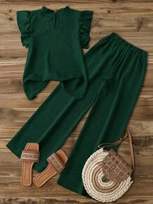 GlowEve 女式休闲蓝色不对称褶饰荷叶边领衬衫 + 女式休闲蓝色松紧腰侧袋直筒七分裤 - 春夏 - 綠色 - 查看 2
